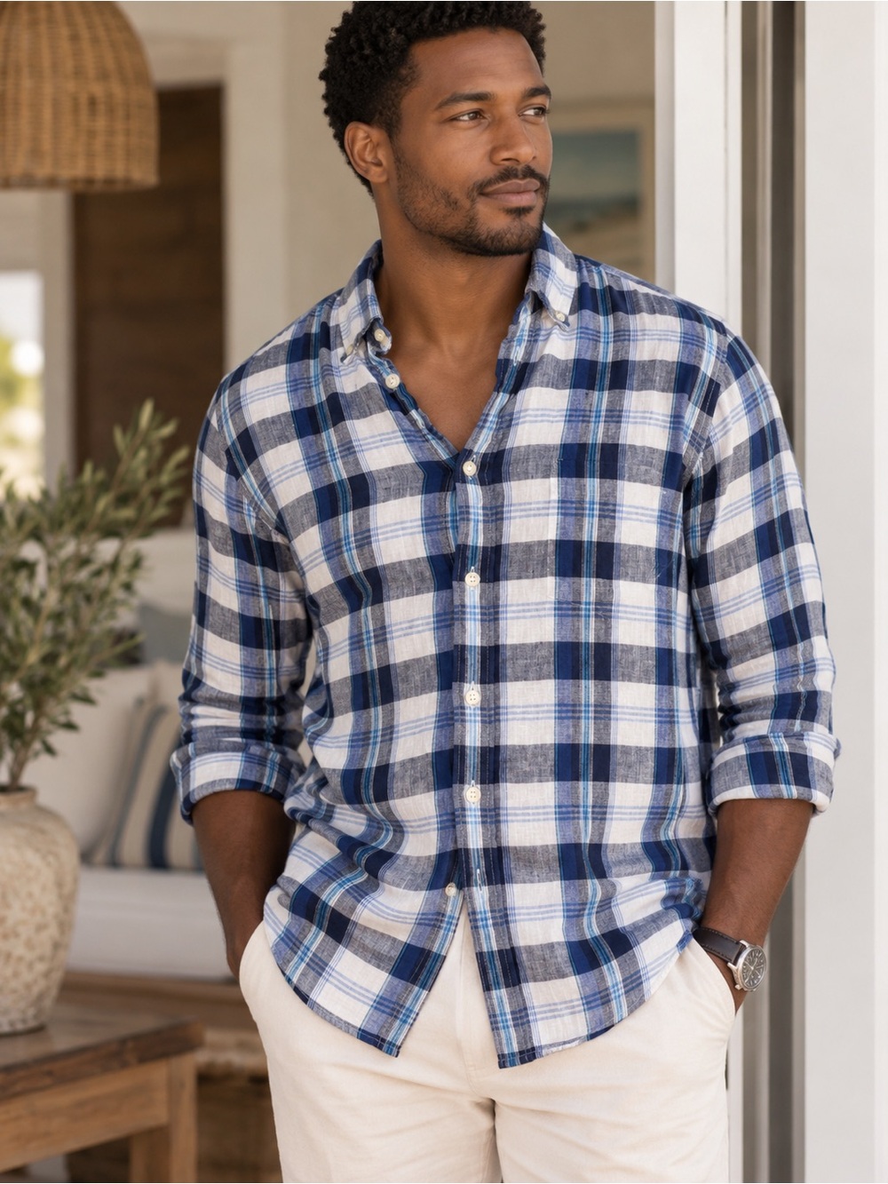 GANT Men’s 100% Linen Plaid Button Down Shirt Blue White Fitted Medium
